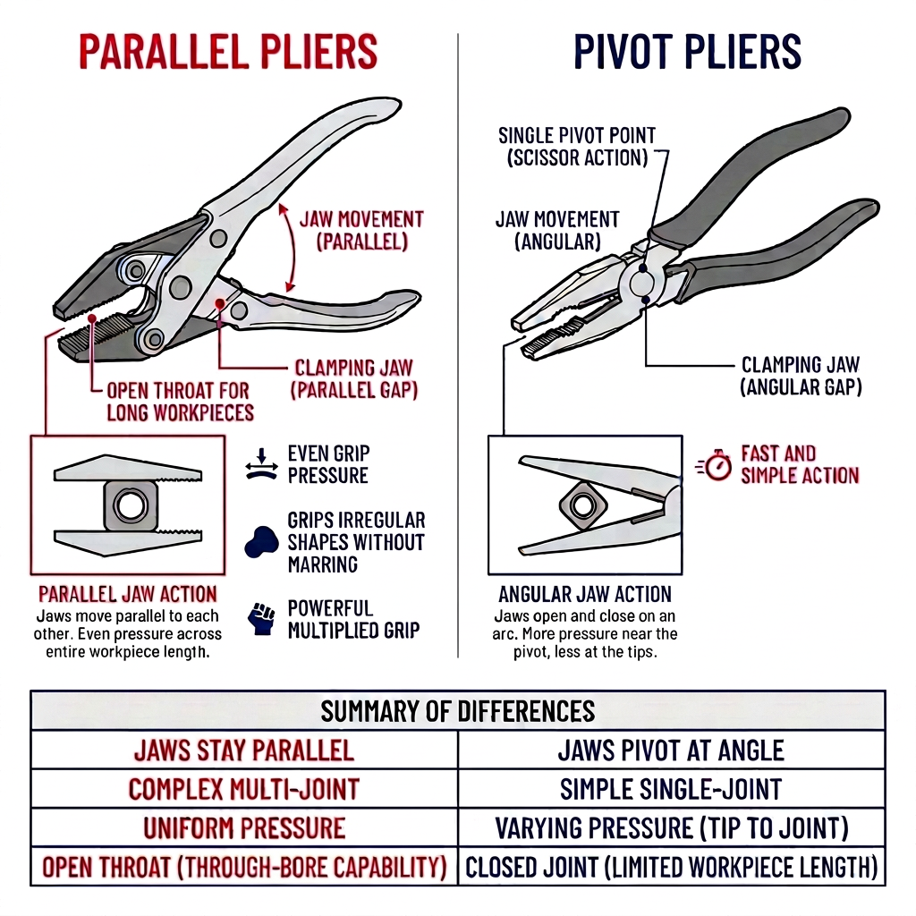 Parallel VS Pivot Diagram showing the key differences between parallel and pivot pliers