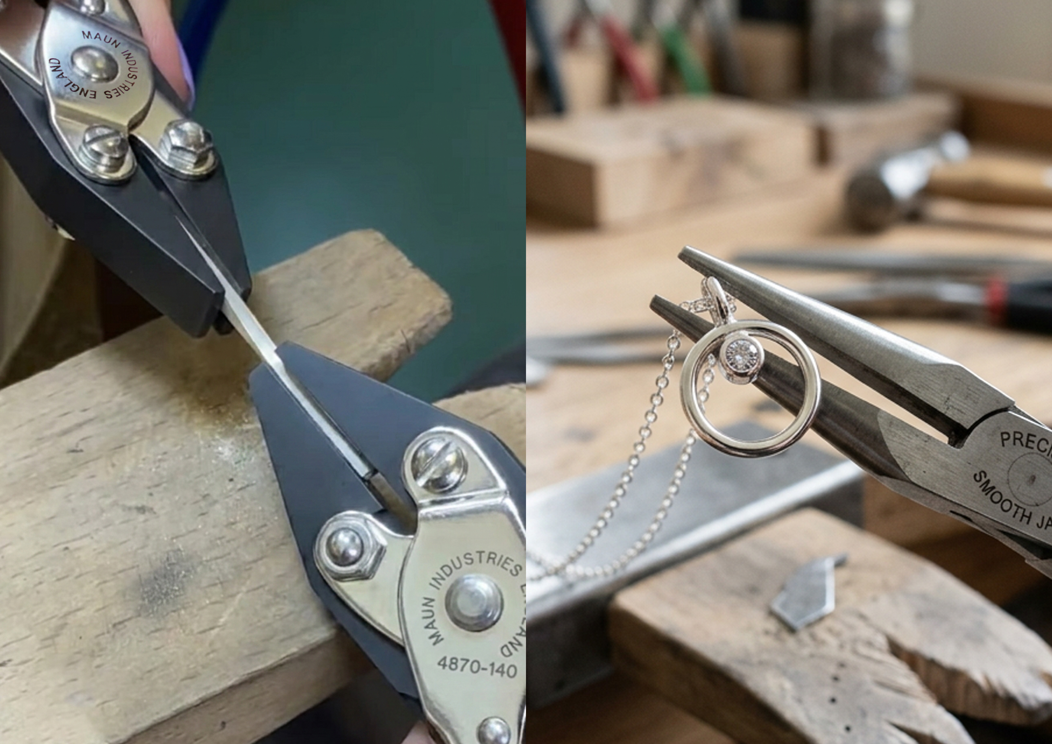 Parallel VS scissor-action Parallel action holding jewellery wire and manipulating, compared to a traditional plier trying to hold a piece of jewellery